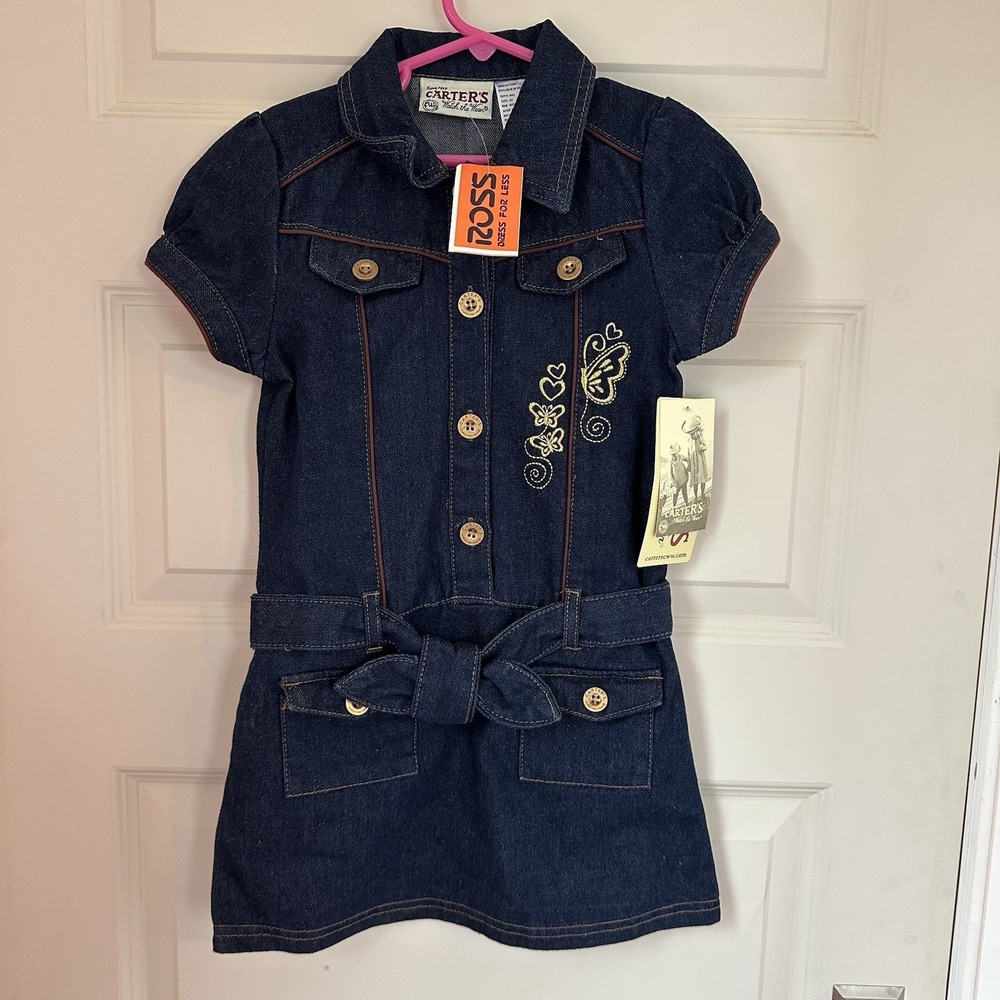NWT Carter's Watch‎ The Wear Vintage Dark Denim Dress Girls Size 6X Butterflies